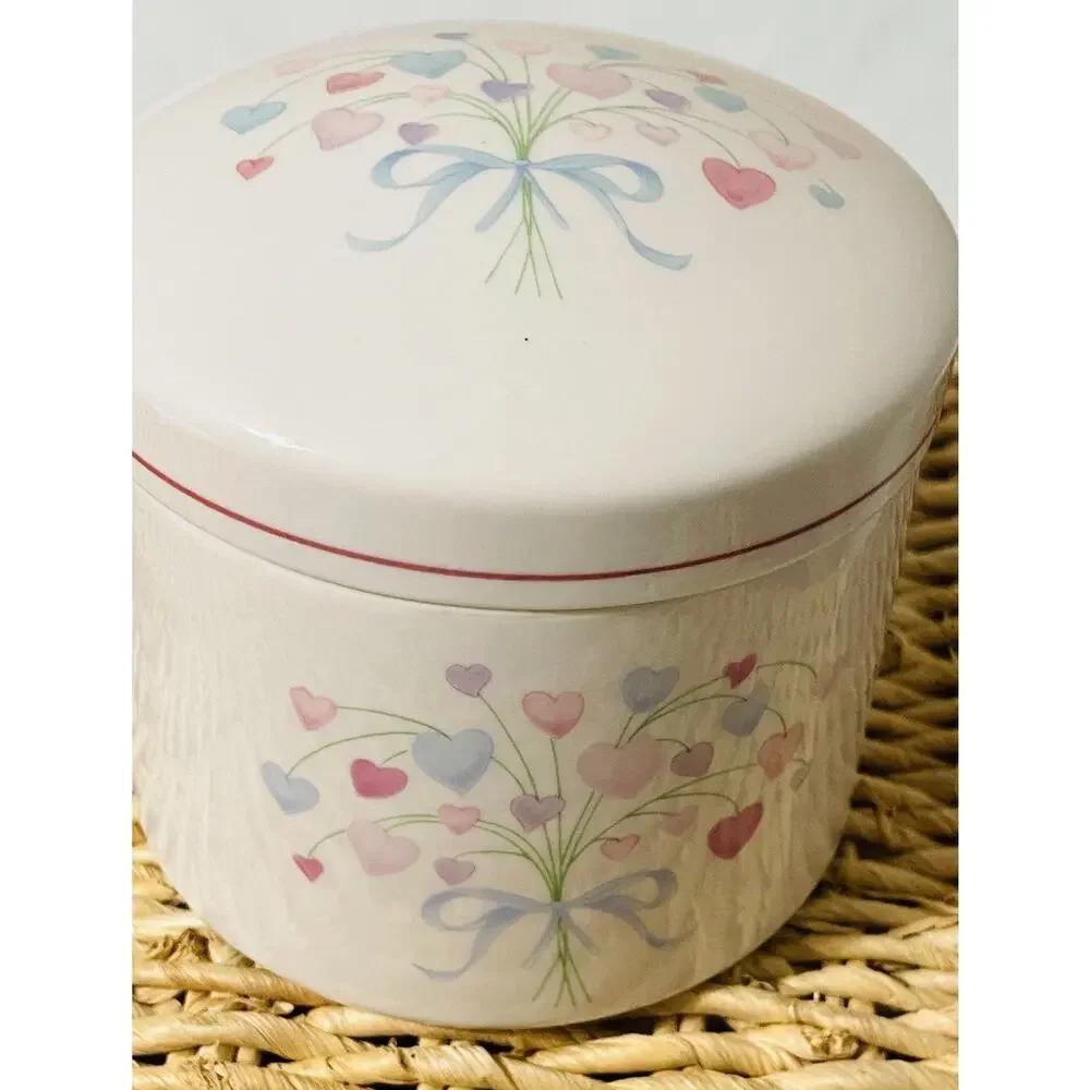 Vintage FTDA Vanity Jar Bouquet Of Hearts Porcelain Trinket Canister With Lid